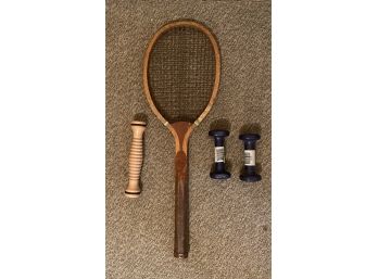 Two Pound Weights And Vintage Tennis Racket