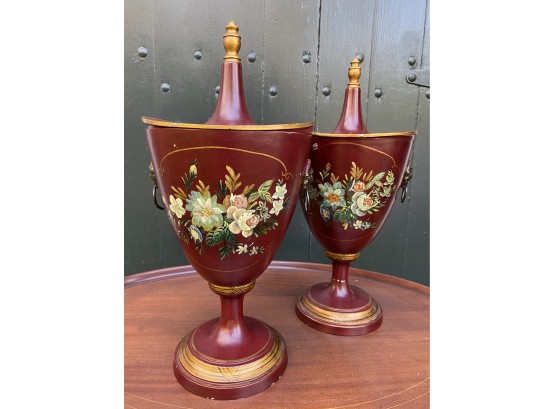 Elegant Pair Of Hand-Painted Tole Chestnut Urns