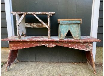 Trio Of Antique, Rustic, Wooden Benches/Stools
