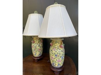 Stunning Chinese Floral Lamps, Carved Green Stone Finials