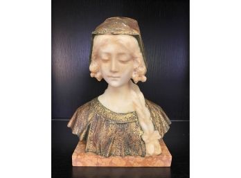 Antique, Hand-carved And Painted Alabaster Bust, Dante's Beatrice