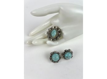 Vintage Faux Turquoise Brooch And Earrings