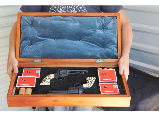 Cool Vintage Hahn Western Colt 45 BB Guns In Big Fitted Wooden Plush Box