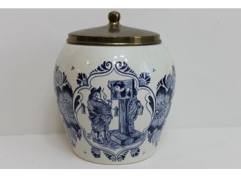 Interesting Delft Pipe Or Cigar Tobacco Jar With Man In Stockade