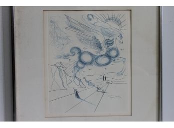 Salvador Dali Pegasus In Flight With Angel Blue Pen Etching