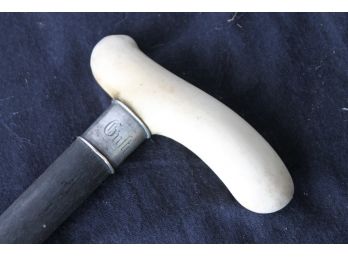 Stylish Antique Gentlemens Bone Handle Cane With Silver Band