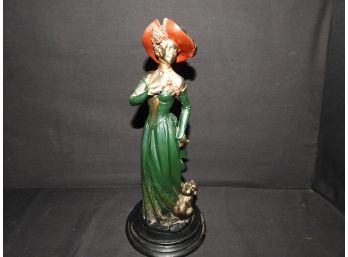 14 Inch Painted Bronze Lady With Dog Statue