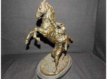 Heavy Signed Cowboy And Horse Bronze Statue