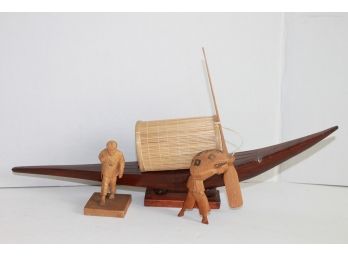 Asian Wood Lot With Carvings Boat And Fishermen