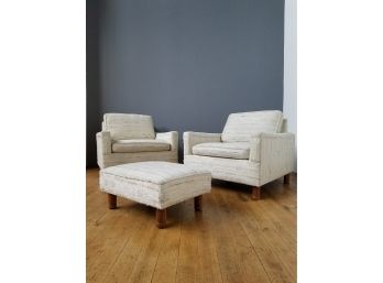 Pair Amazing Vintage 70s Modern Upholstered And Matching Ottoman