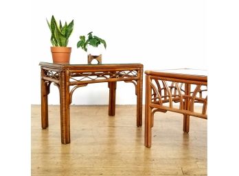 Pair Mid Century Glass Top Boho Rattan /bamboo Tables