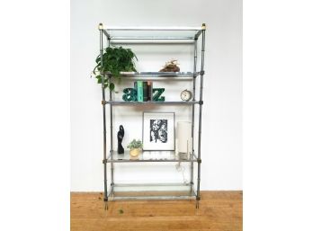 Very Solid Mid Century Etagere With Glass Shelves And Brass Accents
