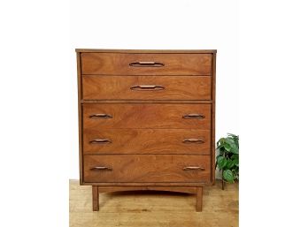 60s Mid Century Walnut Tall Chest With Carved Walnut Pulls