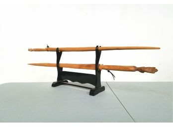 Pair Vintage  4 Ft Carved Wood Swords And Wood Display Stand