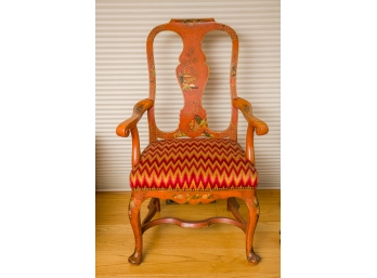 Vintage Arm Chair With Flame Fabric Upholstered Seat
