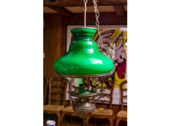 Vintage Green Glass And Brass Hurricane Hanging Light Fixture