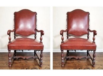 A Pair Of Gorgeous Carved Wood And Leather Armchairs With Nailhead Trim