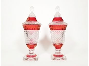 A Pair Of Cranberry Hobnail Glass Vessels
