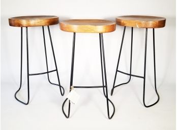 A Trio Of Exotic Hardwood And Wrought Iron Modern Bar Stools