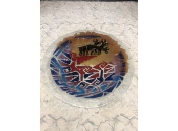ORIGINAL LARGE RARE Peggy Karr Western Native American Motif 20” Fused Art Glass Plate Beautiful