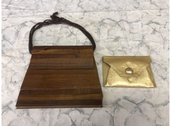 Vintage Wooden/leather Handbag And Clothe Purse