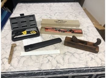 Misc Lot Of Vintage Tools - Wood Plane - Brass Railroad Tie - Screwdriver Set - Cutting Set - Slide Ruler