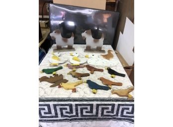 Large Lot Of Hand Carved Wooden Animal Lawn Ornaments Painted On Both Sides- Dogs - Ducks - Birds