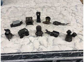 LOT OF 10 VINTAGE CAST IRON  Pencil Sharpeners - Horse Pulled Wagon - Cowboy Boot - Drum Set & More All Work