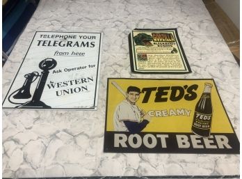 Lot Of 3 Vintage Metal Signs WESTERN UNION - TEDS ROOT BEER Largest Approx 17'x15'