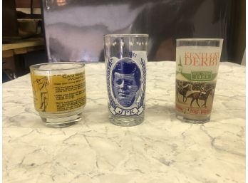 All Original Lot Of 3 Highly Collectible Glasses - 1963 Pres. John Kennedy - Golfer Sam Snead - Kentucky Derby