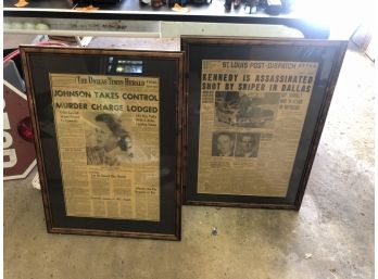 Circa 1960s Pair Of Newspaper Headlines Beautifully Framed - Kennedy Assassination - Johnson Takes Control