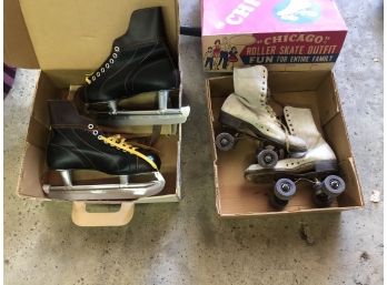 1950s-60s NHL APPROVED CANADIAN BILTRIRE NEW SIZE 10 HOCKEY SKATES & Chicago Used Roller Skates IOB