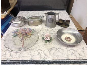Decorative LIMOGES BOWL 22kt - MIKASA Serving Platter - Pewter Mug /plates - Lenox Rose And Misc Items