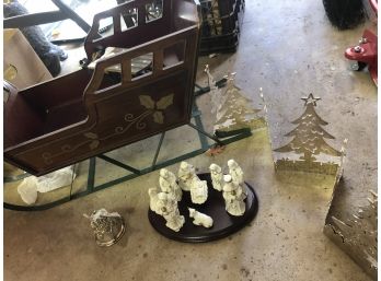 Lot Of Christmas Items - Nativity Set - Large Wood Sled - Small Sled - Silver Fold Xmas Trees - Silver Bell