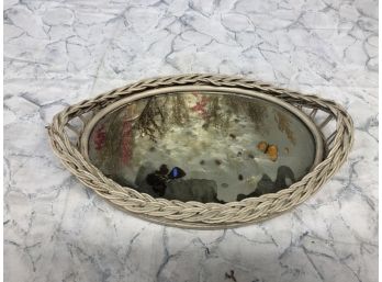 Great Unique Vintage Piece Wicker/wood/glass Butterfly Handled Tray In Very Nice Condition