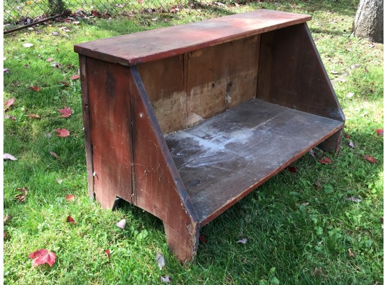 Antique Early American Primitive Bucket Bench - Old Worn Barn Red Paint - NICE PIECE !