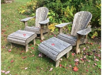 Beautiful Oak Adirondack Chairs With Matching Ottomans FANTASTIC Weathered / Mossy Patina - VERY SOLID