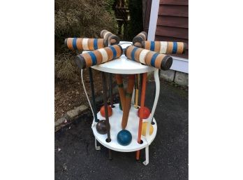 Nice Croquet Set  ( With Extra Set Of Mallets ) Nice Round Stand - Looks To Be Complete - NICE SET