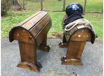 Great Pair Of  Dark Pine Saddle Stands - Two Leads & A Helmet By Troxel - FIVE ITEMS - ONE BID