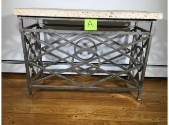 Custom Made Heavy Iron Console Table With Travertine Marble Top - AMAZING PIECE  ( A )