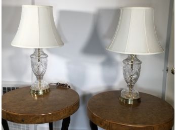 Fantastic Pair Of Large Waterford ? Lamps - Beautiful Pair With Shades & Brass Bases GREAT PAIR