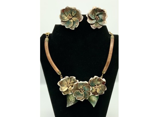 Leather Leaf  And Flower Petal Necklace With Matching Clip On Earrings