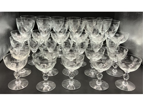 Large Antique Crystal Glass Lot - Water, Champagne, Cordials And Sherry
