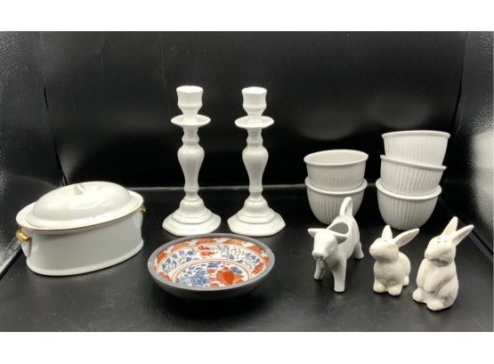 White Porcelain Candle Stick Holders, 4 Ramekins, Cow Creamer & More