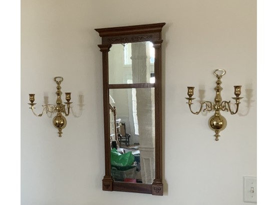 2 Brass Wall Candle Holders & Antique Mirror