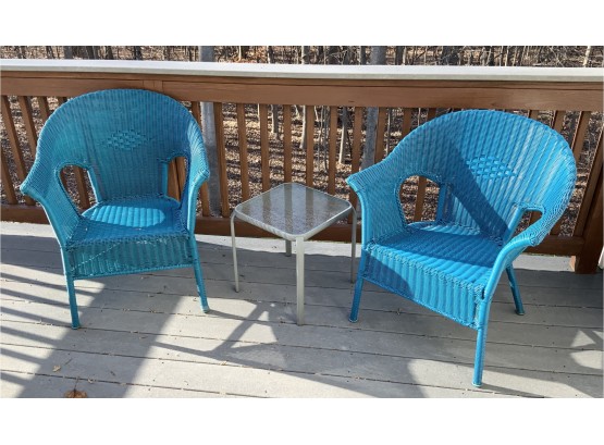 2 Blue Indoor/outdoor Wicker Chairs & Table