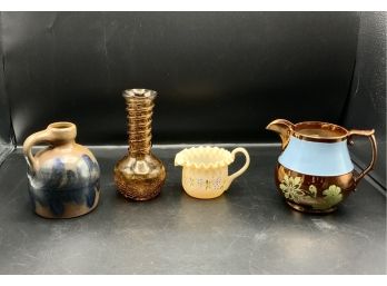 4 Pc Lot ~ Stoneware Jug, Crackle Glass Vase & More ~