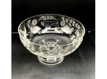 Large Antique Glass Etched Pedestal Bowl