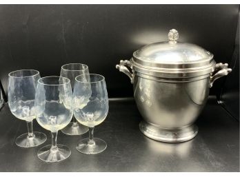 Keystoneware Silver Plate Ice Bucket & 4 Antique Wavy Glass Wine Glasses