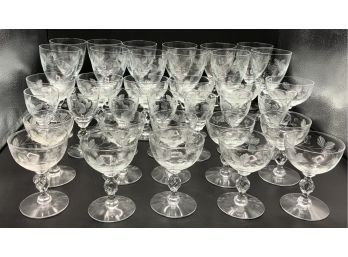 Large Antique Crystal Glass Lot - Water, Champagne, Cordials And Sherry